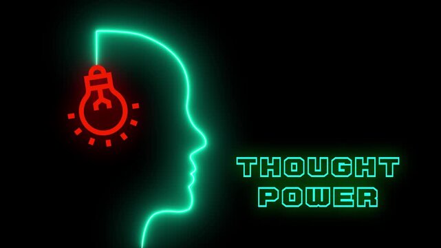 Spiritual thought power illustration with glowing neon brain and energy waves for cognitive strength. Conceptual design for mental energy and wisdom.