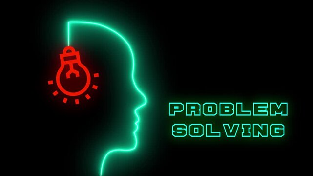  Creative problem solving icon with glowing neon bulb and brain logic on dark background. Conceptual vector illustration for strategy and solutions.