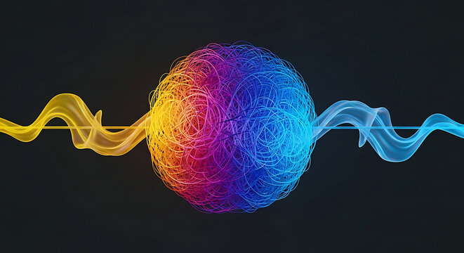 Vibrant colorful sphere with flowing lines on black background, technology concept