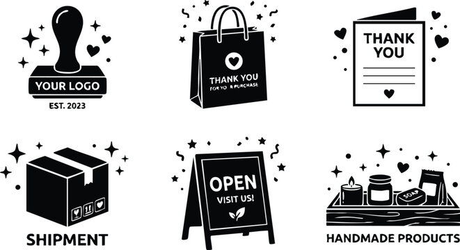 Black and white icons of shipment stamp thank you bag card open sign and handmade products flat design