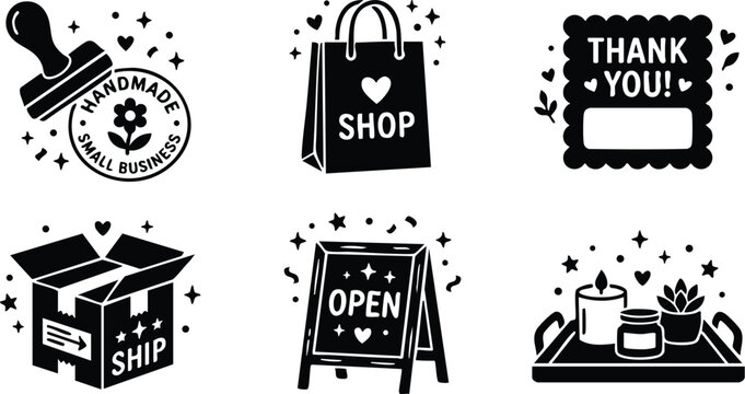 Shop bag open sign thank you note and shipping box icons