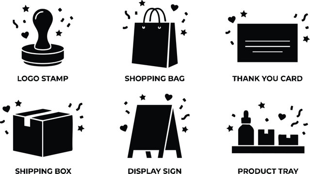 Black silhouette icons of logo stamp shopping bag thank you card shipping box display sign and product tray