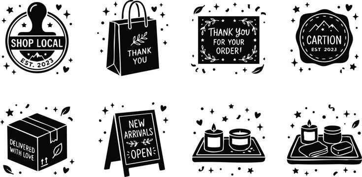 Black and white thank you shopping icons including shop local stamp and new arrivals sign