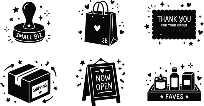 Black and white small business icons with shipping box shopping bag thank you sign now open board and favorites box