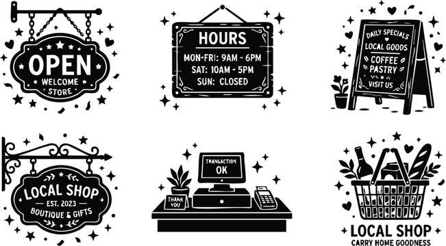 Open sign local shop hours menu basket and counter