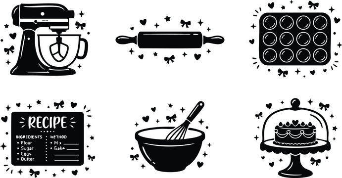 Black and white kitchen mixer rolling pin muffin pan recipe card bowl whisk cake stand with cake