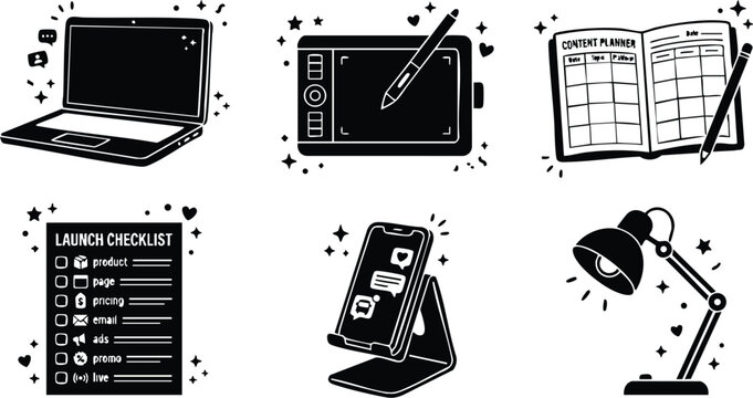 Black and white laptop graphic tablet content planner checklist smartphone stand and desk lamp vector art