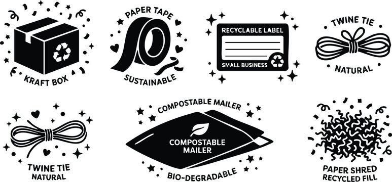 Black and white sustainable packaging icons with kraft box paper tape compostable mailer and twine tie