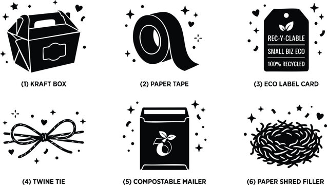 Black and white eco packaging icons kraft box paper tape and compostable mailer