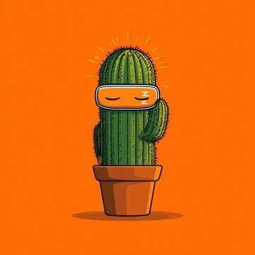 A napping cactus wearing a sleep mask on an orange background