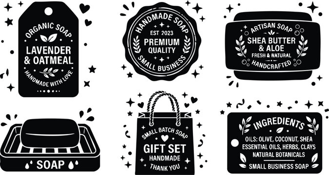 Black and white handmade soap labels with lavender oatmeal and shea butter aloe text