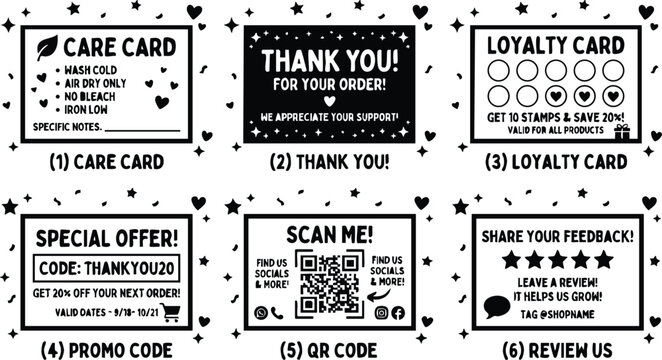 Black and white care card thank you loyalty promo and review cards with social media qr code