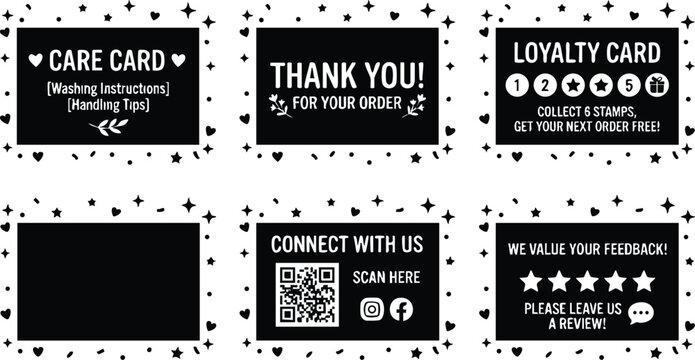 Black and white thank you care loyalty feedback cards with stars hearts and qr code vector art