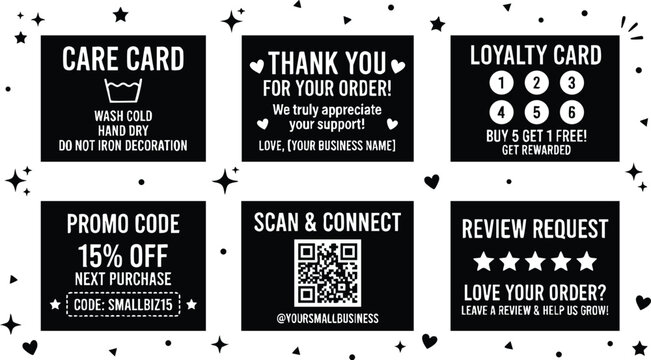 Black and white care card thank you loyalty promo review request set vector art