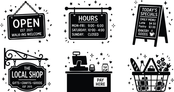 Black and white local shop open hours pay here basket with groceries vector art