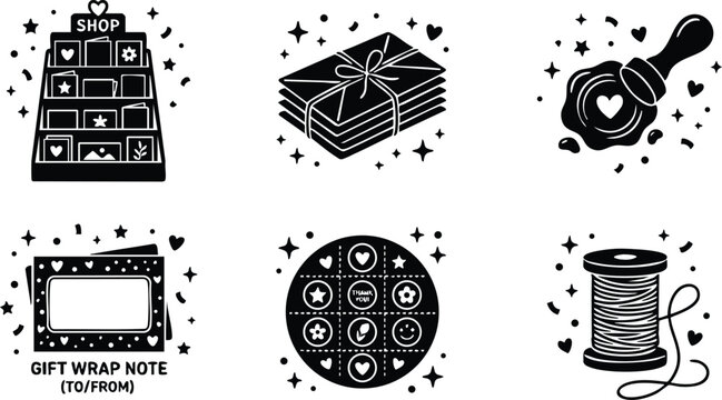 Gift shop display gift wrap notes sealing stamp and thread spool