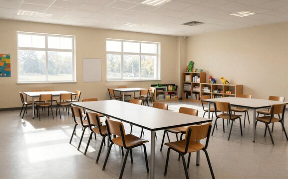 Empty classroom with tables chairs bookshelves and large windows.
