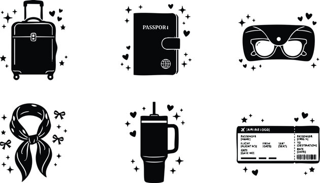 Black and white vector art travel icons with suitcase passport sunglasses scarf tumbler and boarding pass