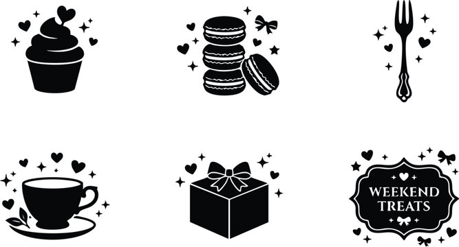 Black and white weekend treats phrase with cupcake macarons fork tea cup and gift box icons