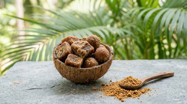Natural Jaggery Chunks and Granulated Sugar in Tropical Setting