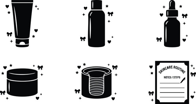 Black and white skincare routine icons with cream bottle dropper cream jar and notes