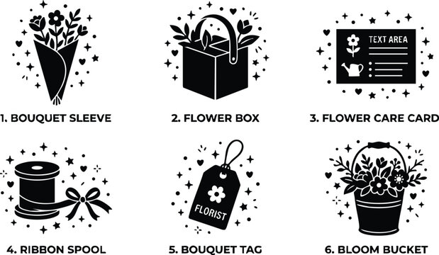 Black and white flower bucket bouquet tag ribbon spool care card and box icons