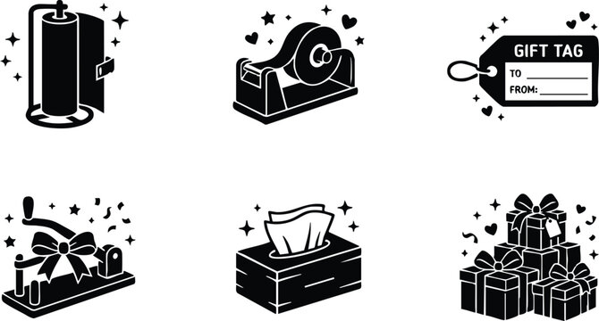 Gift tag tissue box tape dispenser and wrapped presents