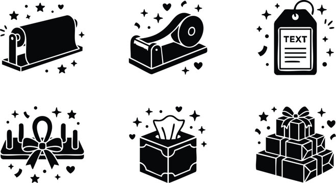 Paper roll cutter tissue box gift stack and price tag icons