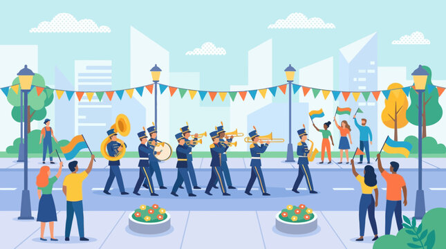 Marching Band Parade in City Street with People Celebrating