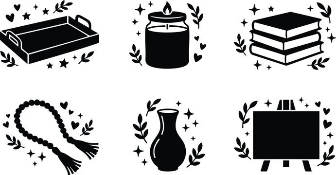 Black and white vector icons of tray candle books rope vase and easel with hearts and stars