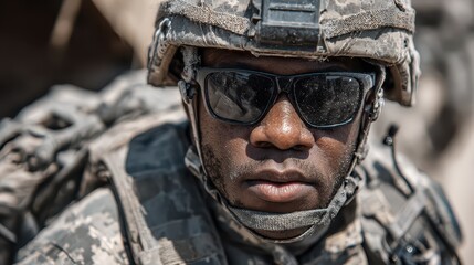Fototapeta premium Soldier in black sunglasses ready for action