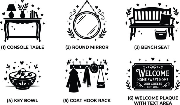 Black and white console table round mirror bench seat key bowl coat hook rack and welcome plaque with text area vector art