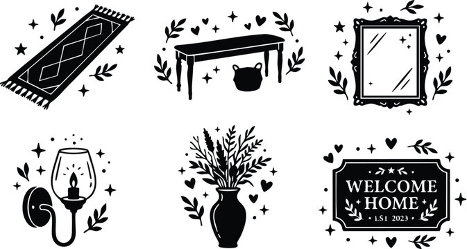 Black and white home decor icons with welcome home sign candle mirror and vase