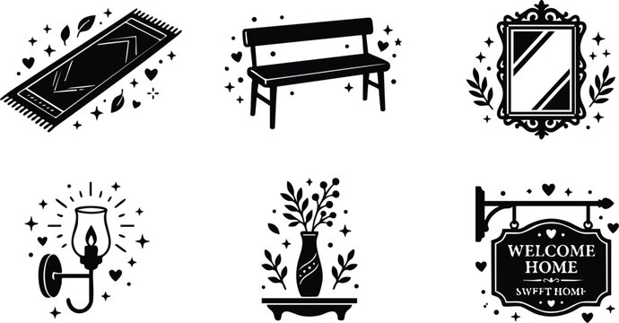 Black and white vintage home decoration vector art set with rug bench mirror lamp vase and welcome sign