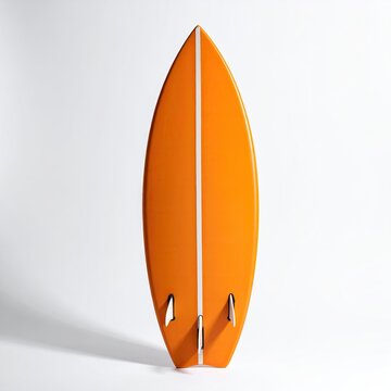 Orange surfboard with white stripe standing upright in studio on white background casting shadow; sports equipment design