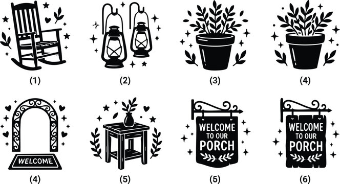Black and white welcome sign with porch text hanging on decorative bracket vector art