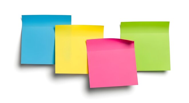 Four Brightly Colored Blank Sticky Notes Isolated on White Background
