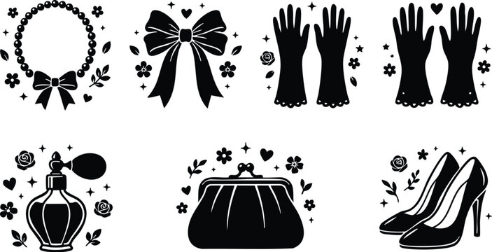 Black and white vintage bow necklace gloves perfume purse and high heel shoes vector art