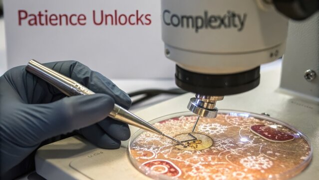 Scientist in laboratory examining intricate sample with tools