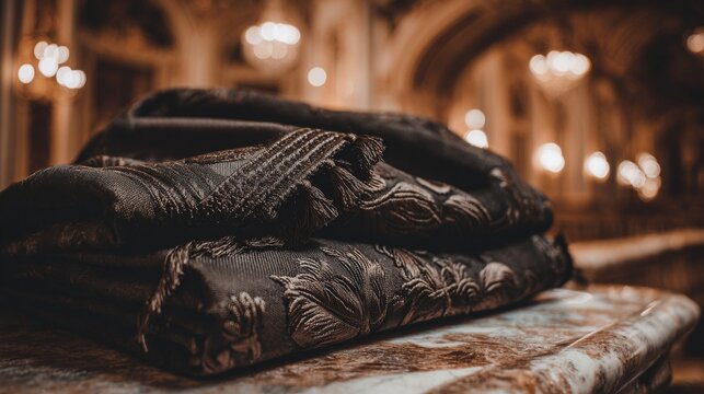 Rich, heavy brocade fabric with intricate raised woven floral patterns, folded elegantly