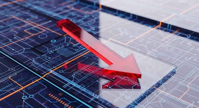 A vibrant red arrow pointing down, overlaying a digital circuit board background