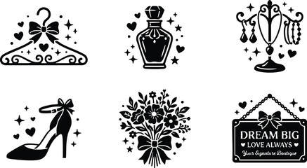 Obraz premium Black and white vintage dream big love always quote with floral bouquet high heel perfume necklace and hanger icons