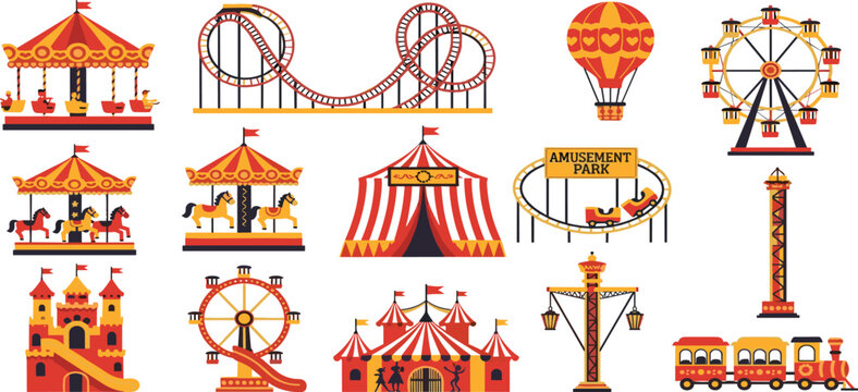 Amusement park carnival icons set, roller coaster, ferris wheel, carousel, circus tent, fairground attractions, theme park flat vector, isolated fun.