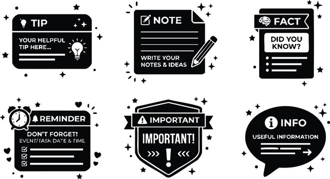 Black and white informational note tip fact reminder and important badge vector art