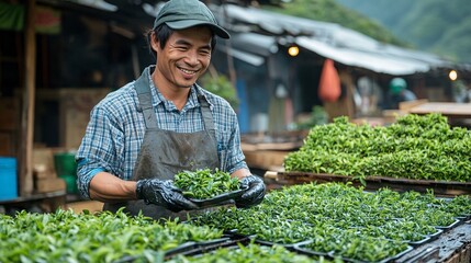 A smiling farmer holds a tray of fresh tea leaves at an outdoor market, directly offering his produce to customers.