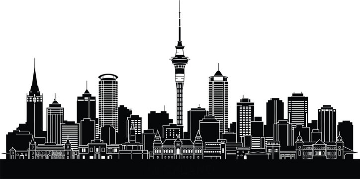 Auckland city skyline black silhouette illustration, featuring Sky Tower, urban skyscrapers, and New Zealand landmarks, maritime harbor landscape, isolated, vector.