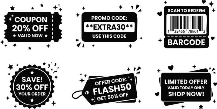 Black and white coupon promo code and discount offer icons with barcode and sparkles