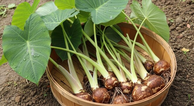 Freshly harvested taro roots with leaves in a basket.