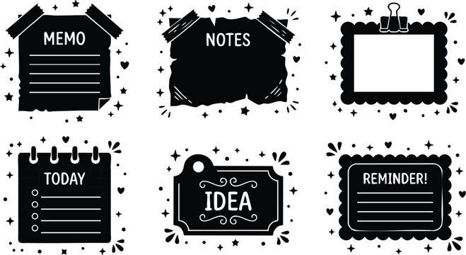 Black and white memo notes reminder idea flat vector art icons set