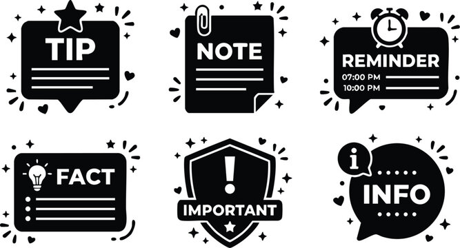 Black icons with tip note reminder fact important and info messages with stars hearts